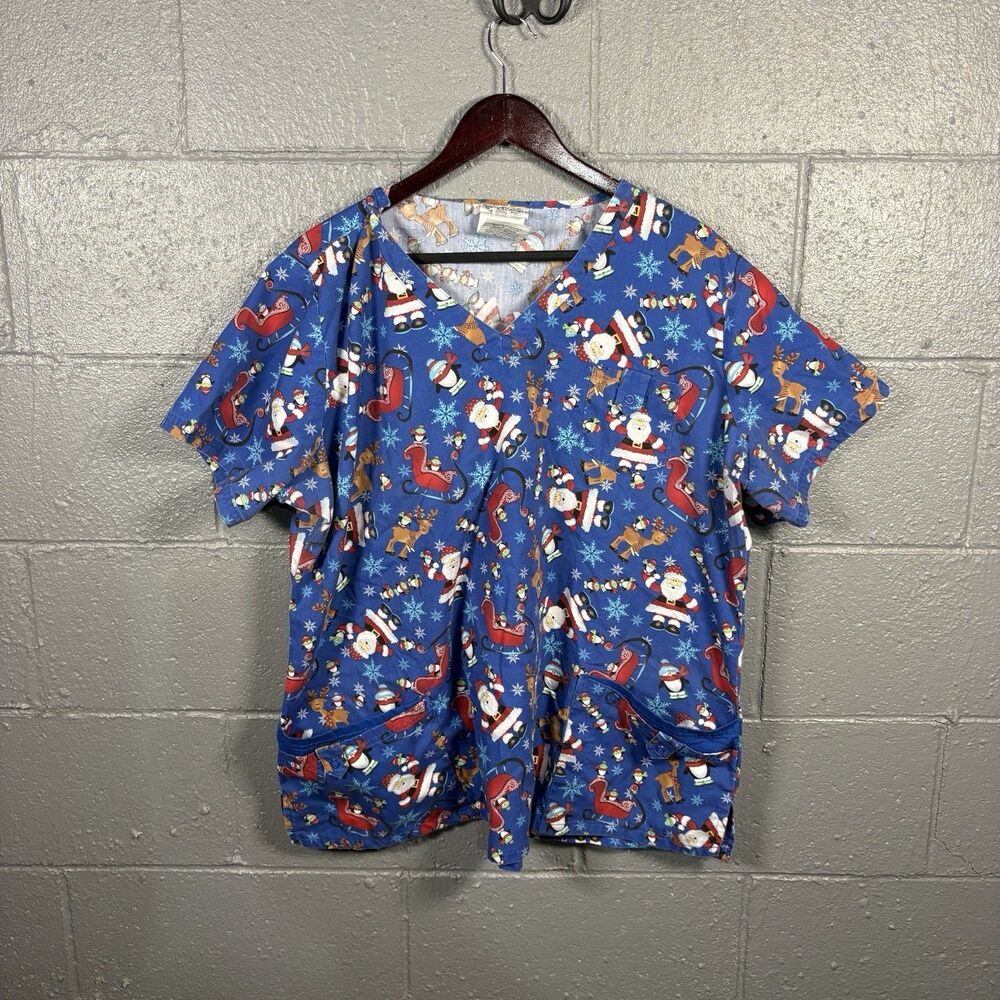 UA Scrubs Christmas Scrub Top Women's 2X Santa Reindeer Holiday Medical Blue